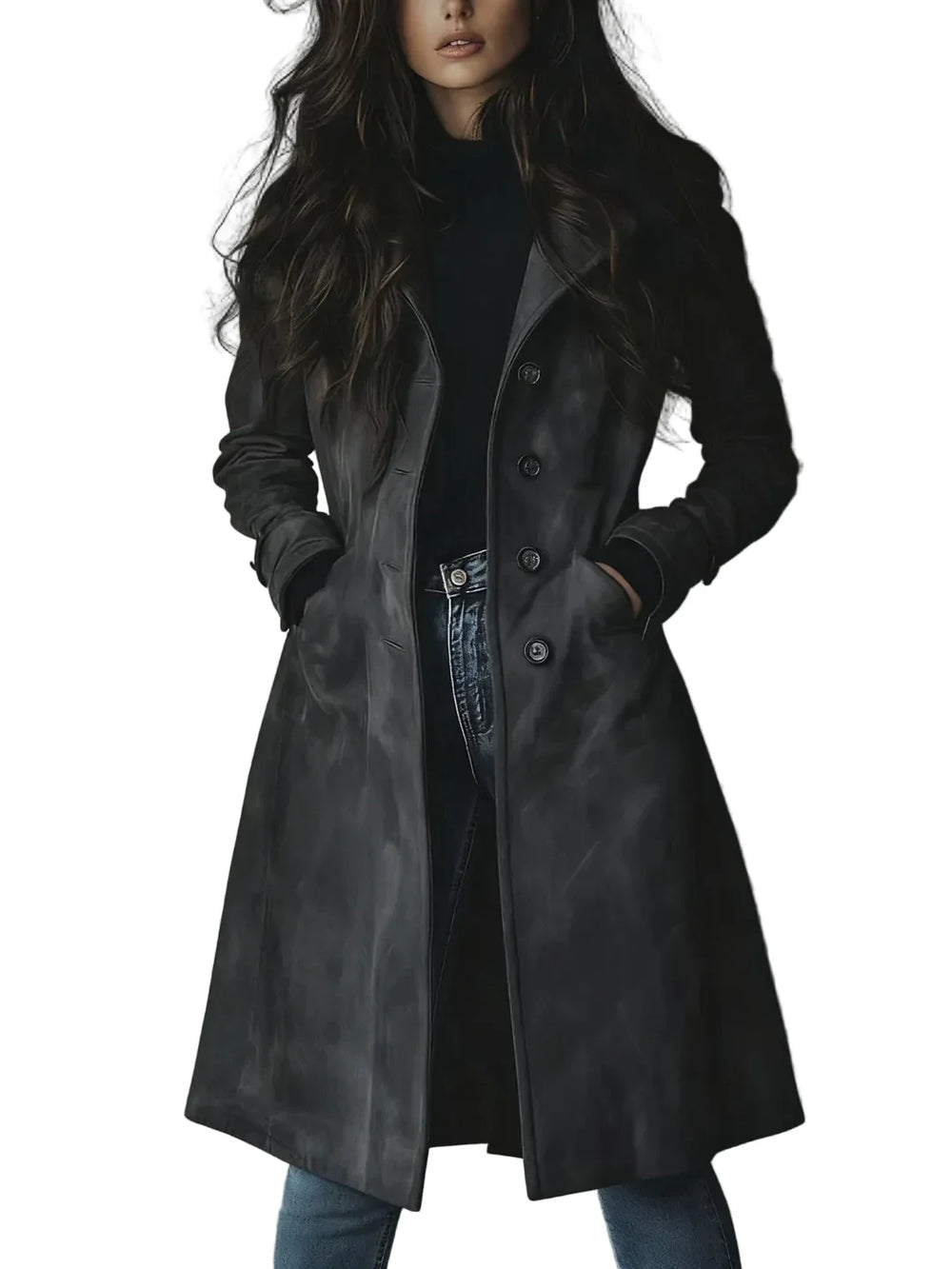 Women's longline button coat with notched collar and side pockets