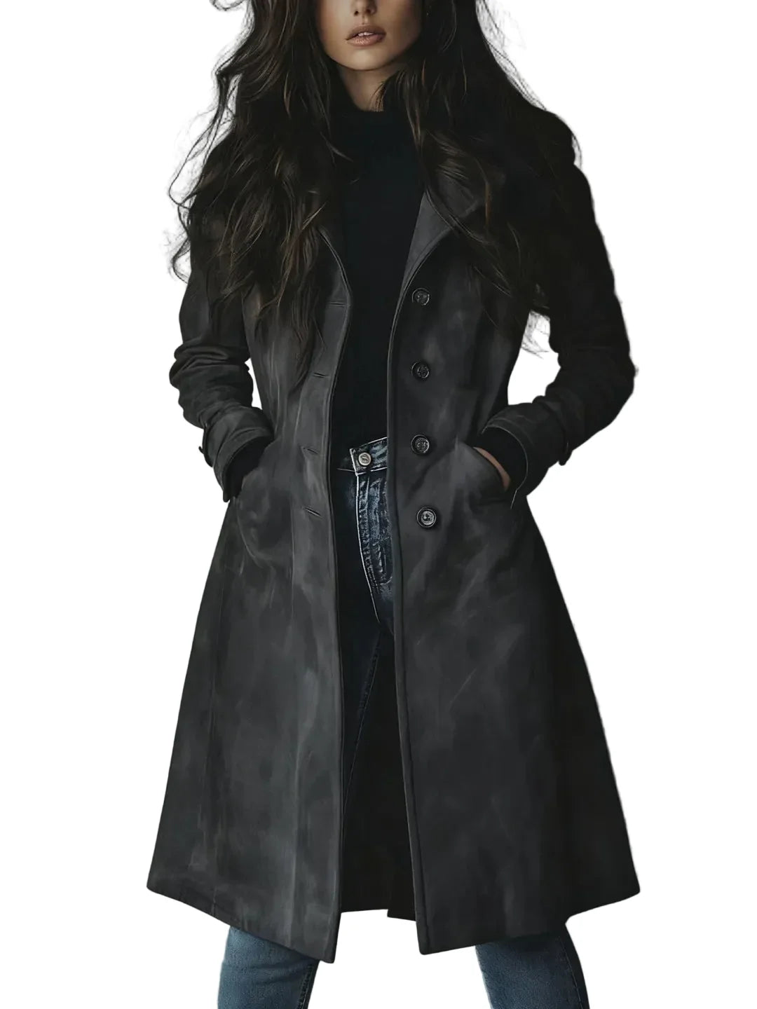 Women's longline button coat with notched collar and side pockets