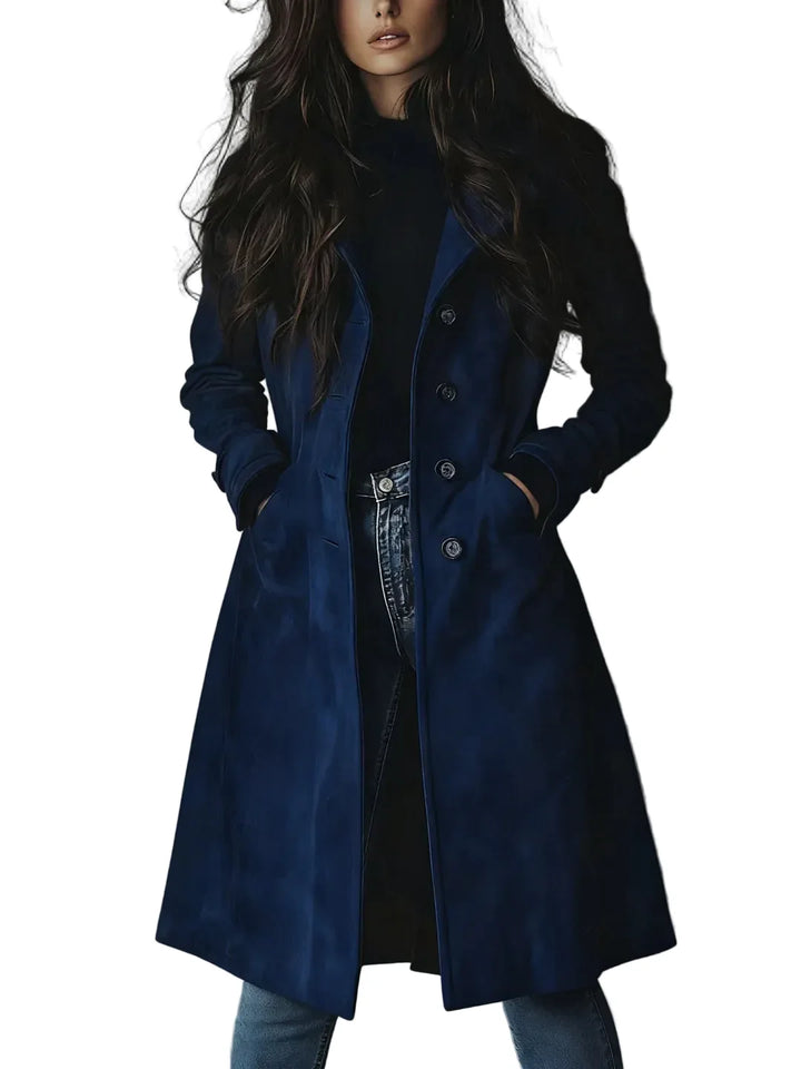 Women's longline button coat with notched collar and side pockets