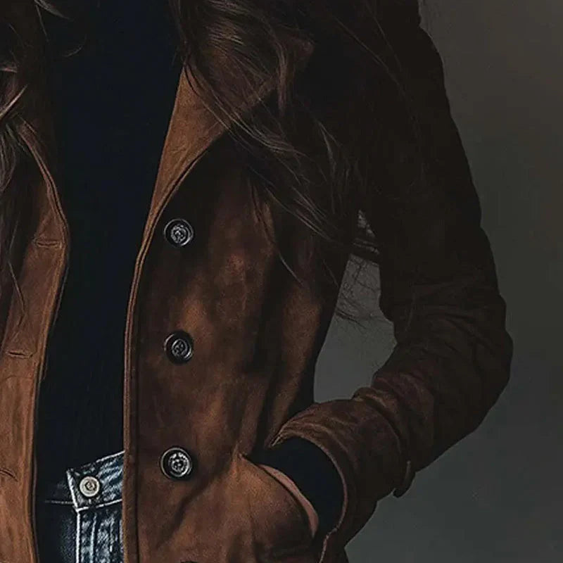 Women's longline button coat with notched collar and side pockets
