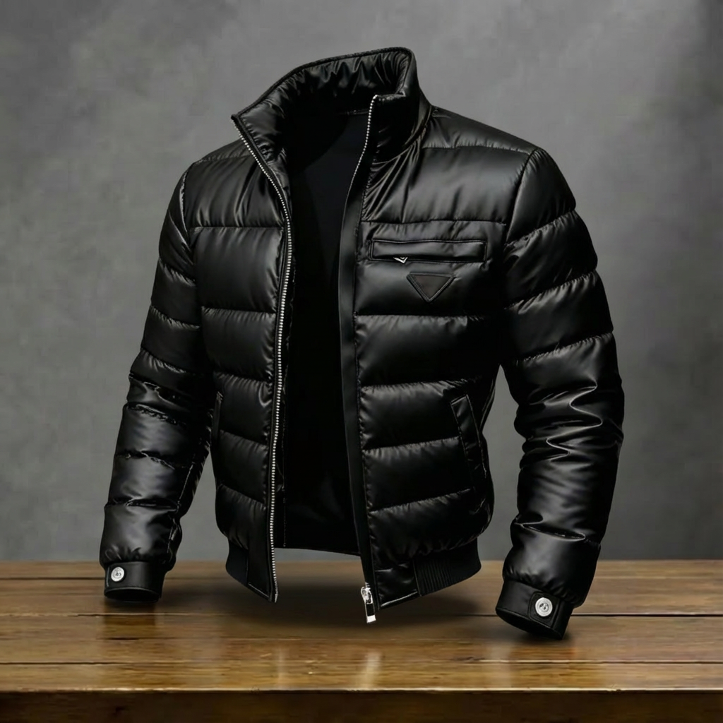 Black padded quilted jacket with high collar and front pockets