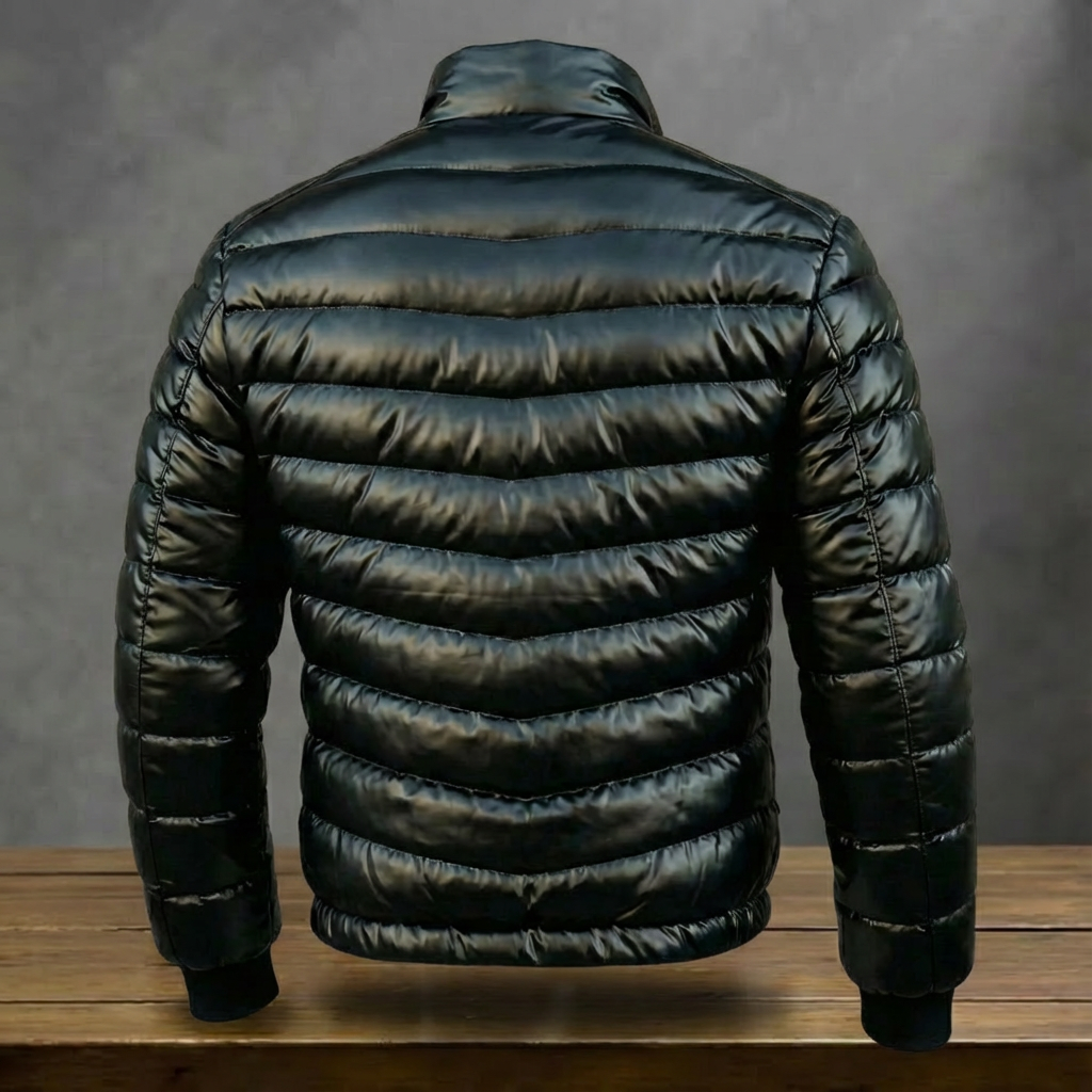 Black padded quilted jacket with high collar and front pockets