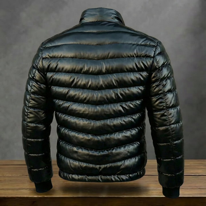 Black padded quilted jacket with high collar and front pockets