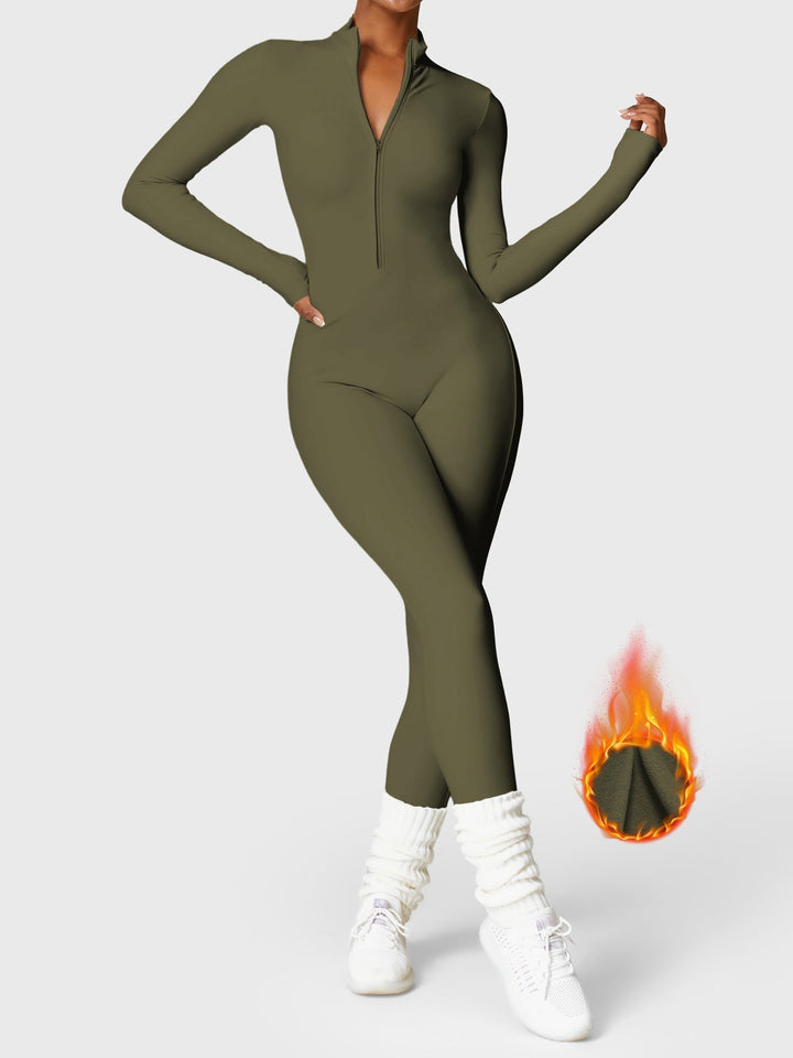 Fitted long-sleeve jumpsuit with mock neck and front zipper