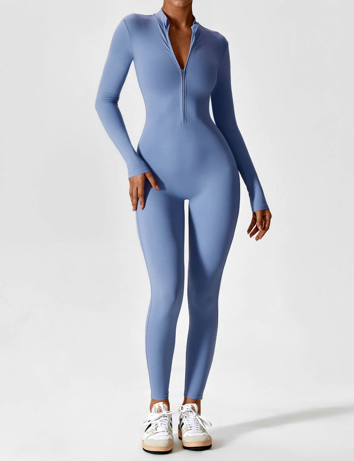 Fitted long-sleeve jumpsuit with mock neck and front zipper