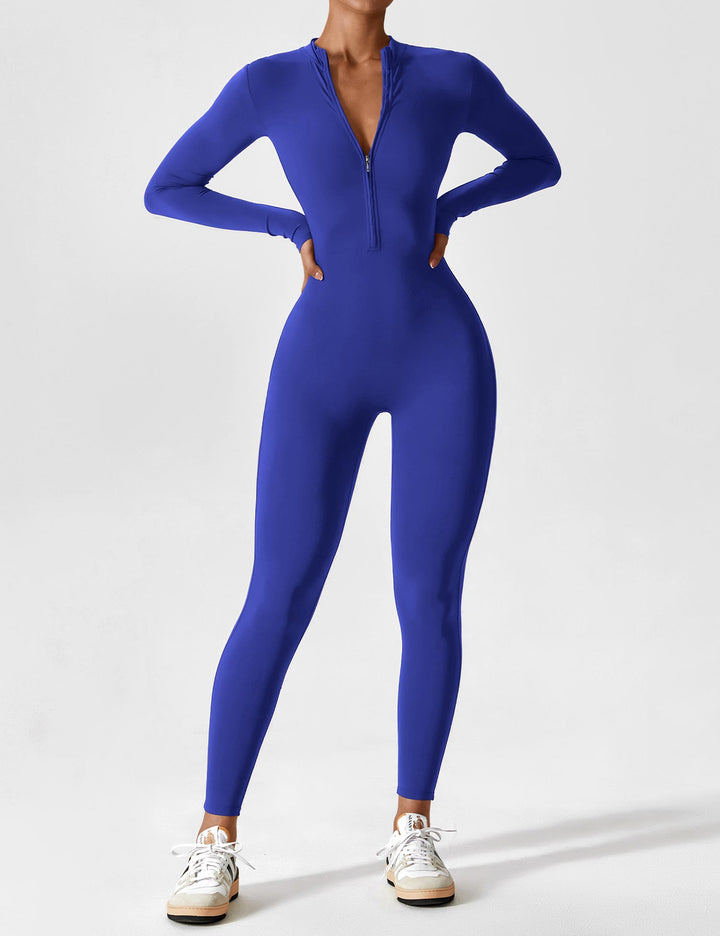 Fitted long-sleeve jumpsuit with mock neck and front zipper
