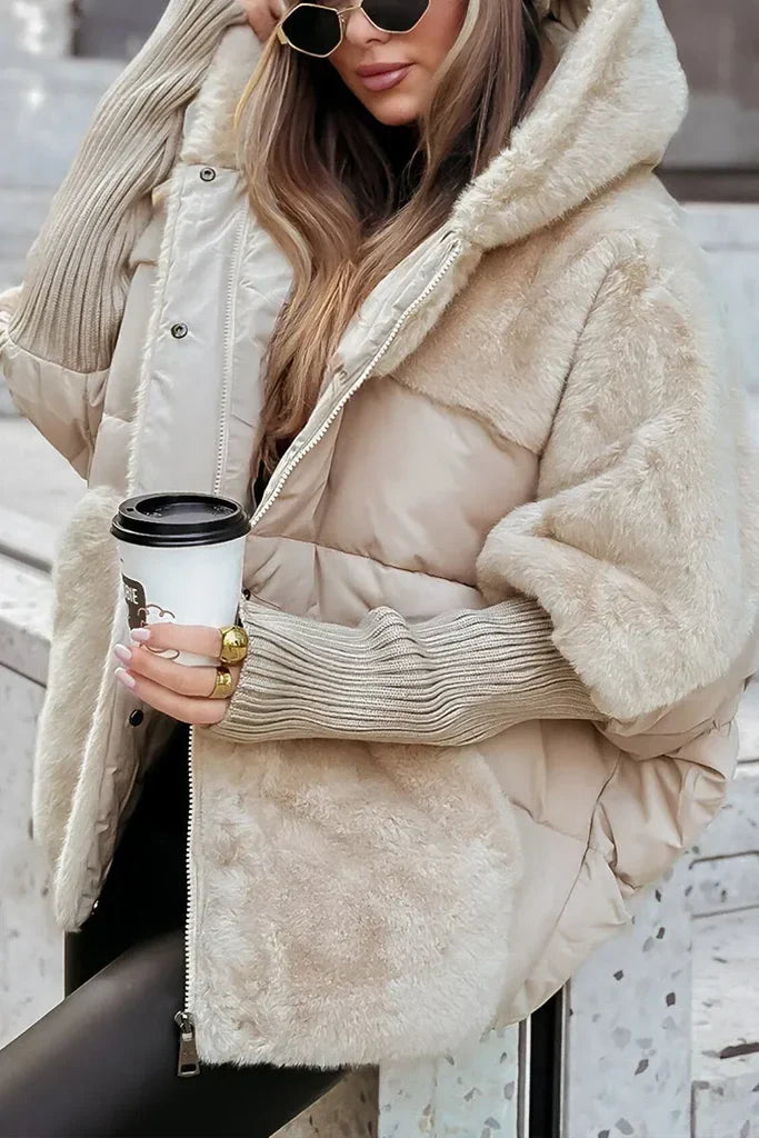 Women's hooded puffer jacket with plush faux fur panels