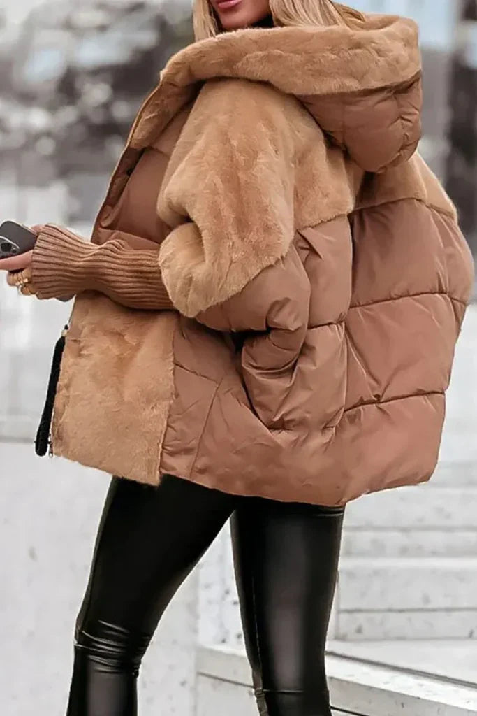 Women's hooded puffer jacket with plush faux fur panels