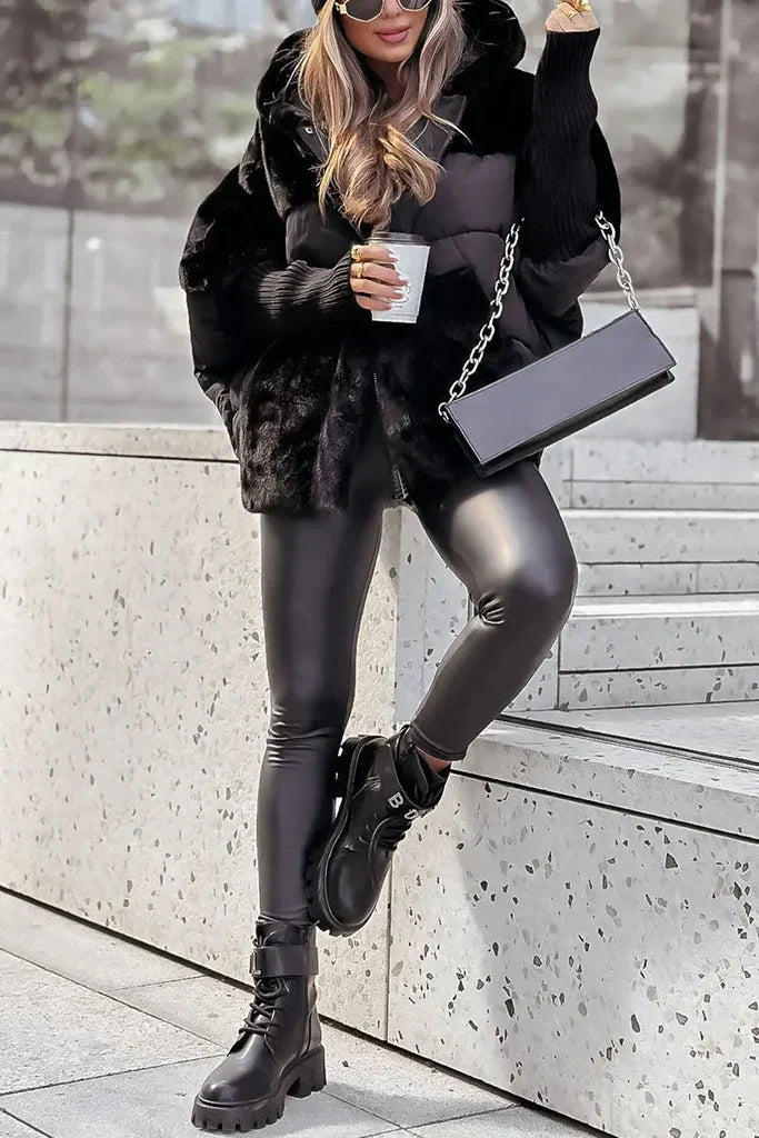 Women's hooded puffer jacket with plush faux fur panels