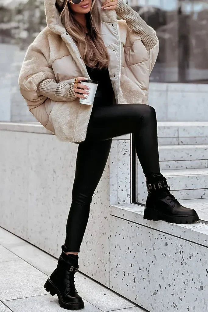 Women's hooded puffer jacket with plush faux fur panels