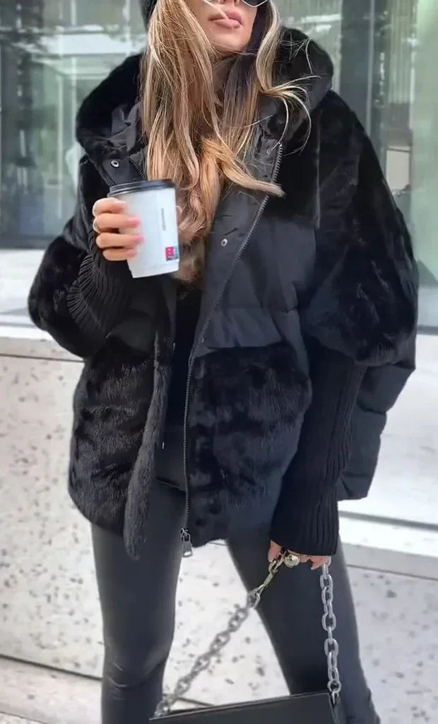 Women's hooded puffer jacket with plush faux fur panels
