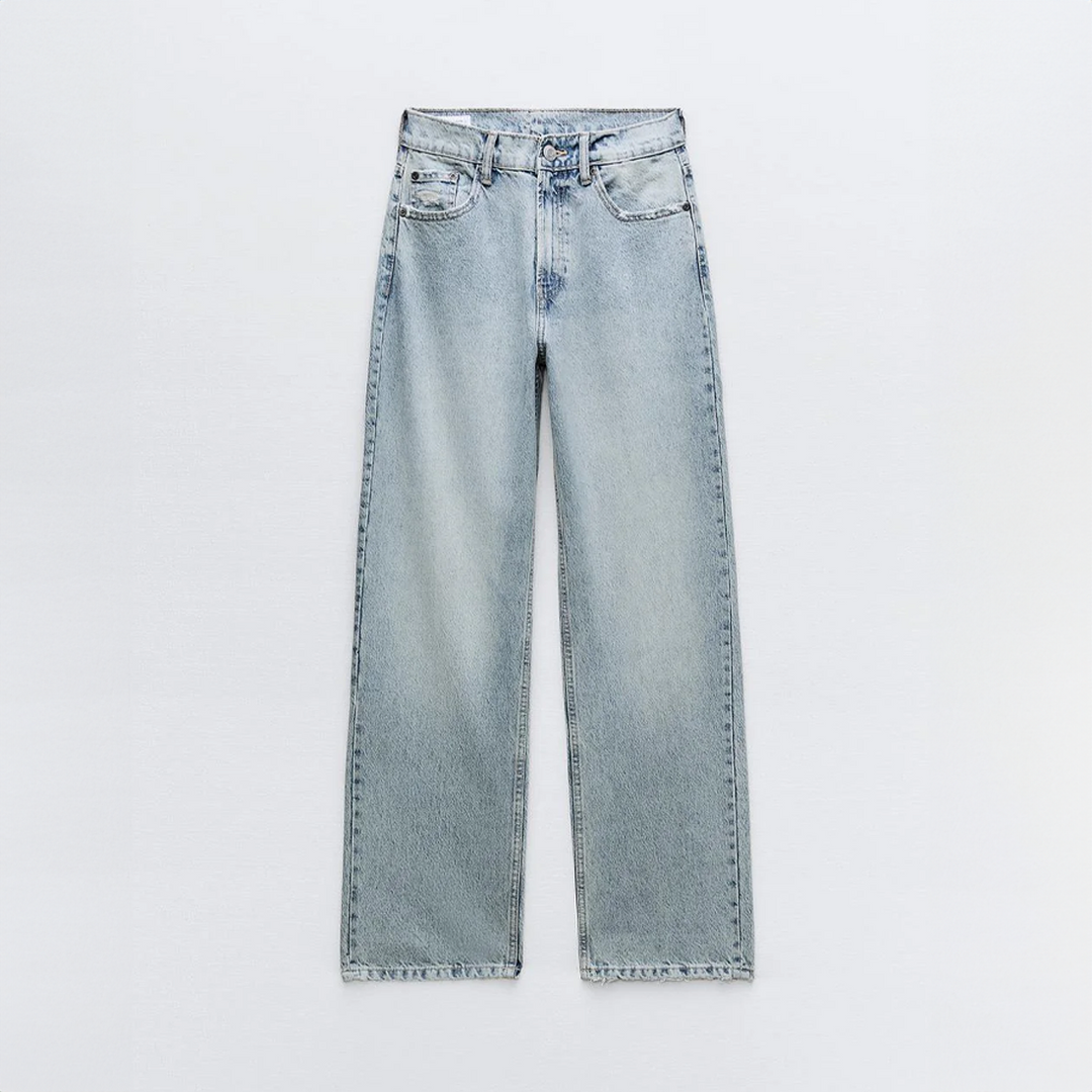 Women's high-waist straight-leg jeans with distressed rips and five pockets