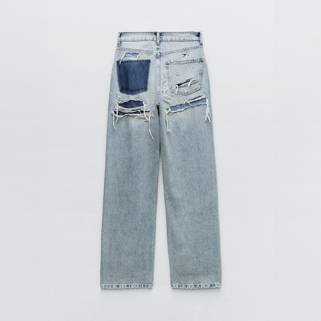Women's high-waist straight-leg jeans with distressed rips and five pockets