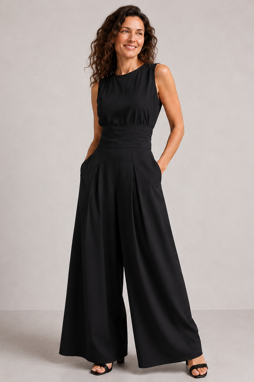 Women's wide-leg jumpsuit with sleeveless turtleneck and cinched waist