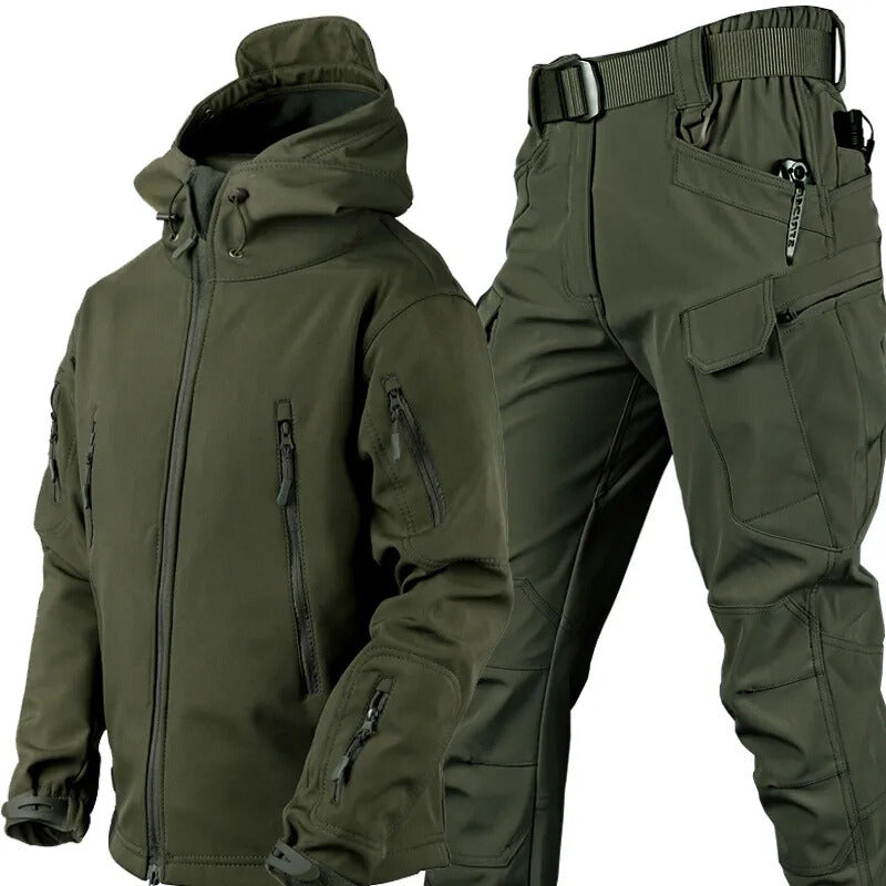 Men's hooded outdoor jacket and cargo trousers set with utility pockets