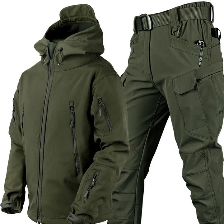 Men's hooded outdoor jacket and cargo trousers set with utility pockets