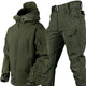 Men's hooded outdoor jacket and cargo trousers set with utility pockets