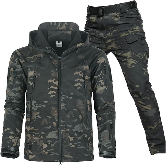 Men's hooded outdoor jacket and cargo trousers set with utility pockets