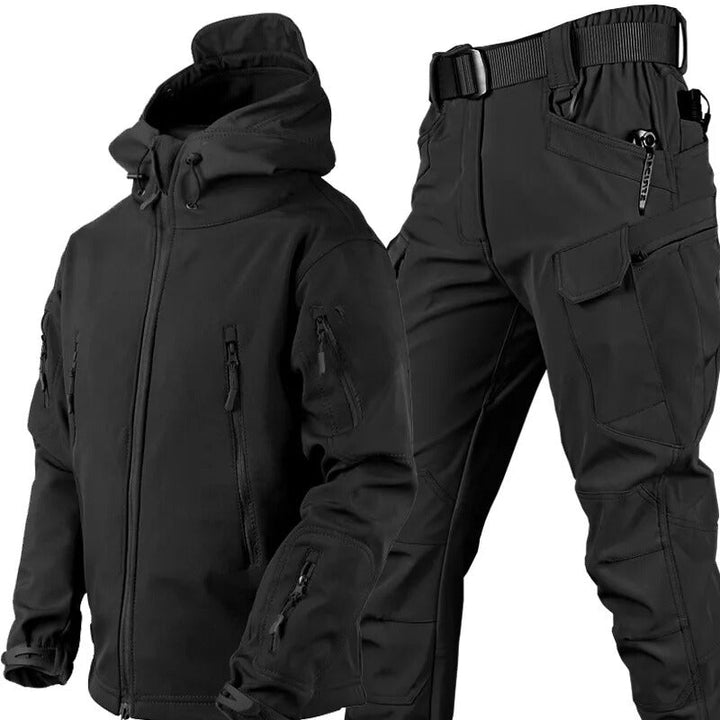 Men's hooded outdoor jacket and cargo trousers set with utility pockets